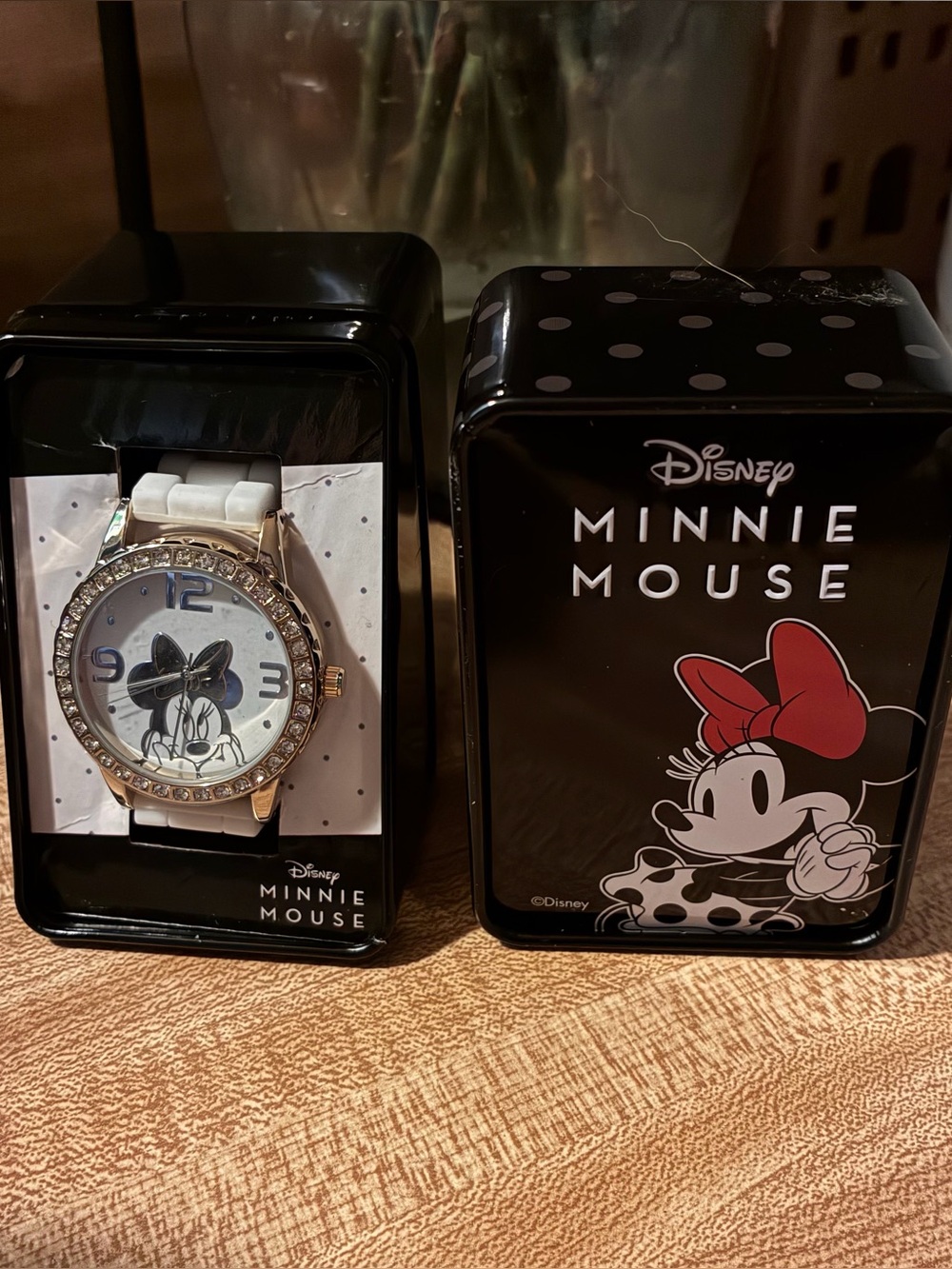 Disney Minnie Mouse Gold-Tone Crystal Watch with White Strap